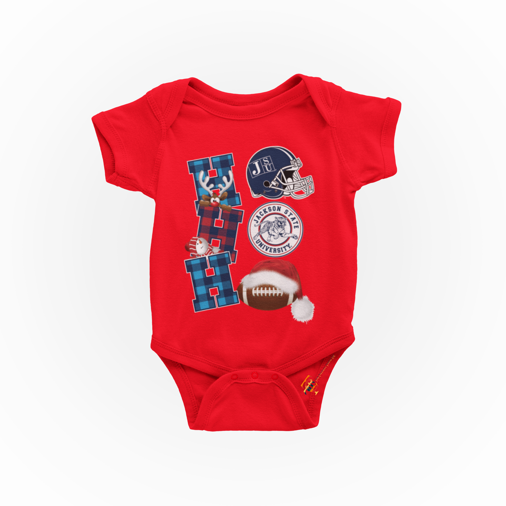 Infant short sleeve bodysuit in red with Christmas football graphic and snap bottom