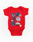 Infant short sleeve bodysuit in red with Christmas football graphic and snap bottom