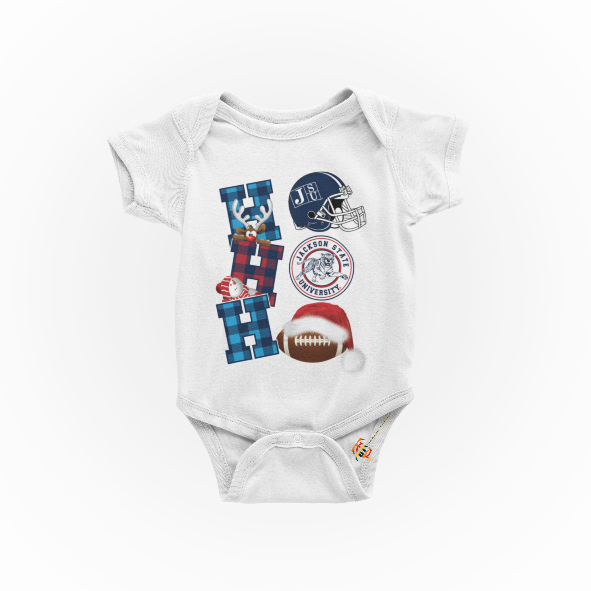 Infant short sleeve bodysuit in white with Christmas football and Santa hat graphics