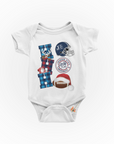 Infant short sleeve bodysuit in white with Christmas football and Santa hat graphics