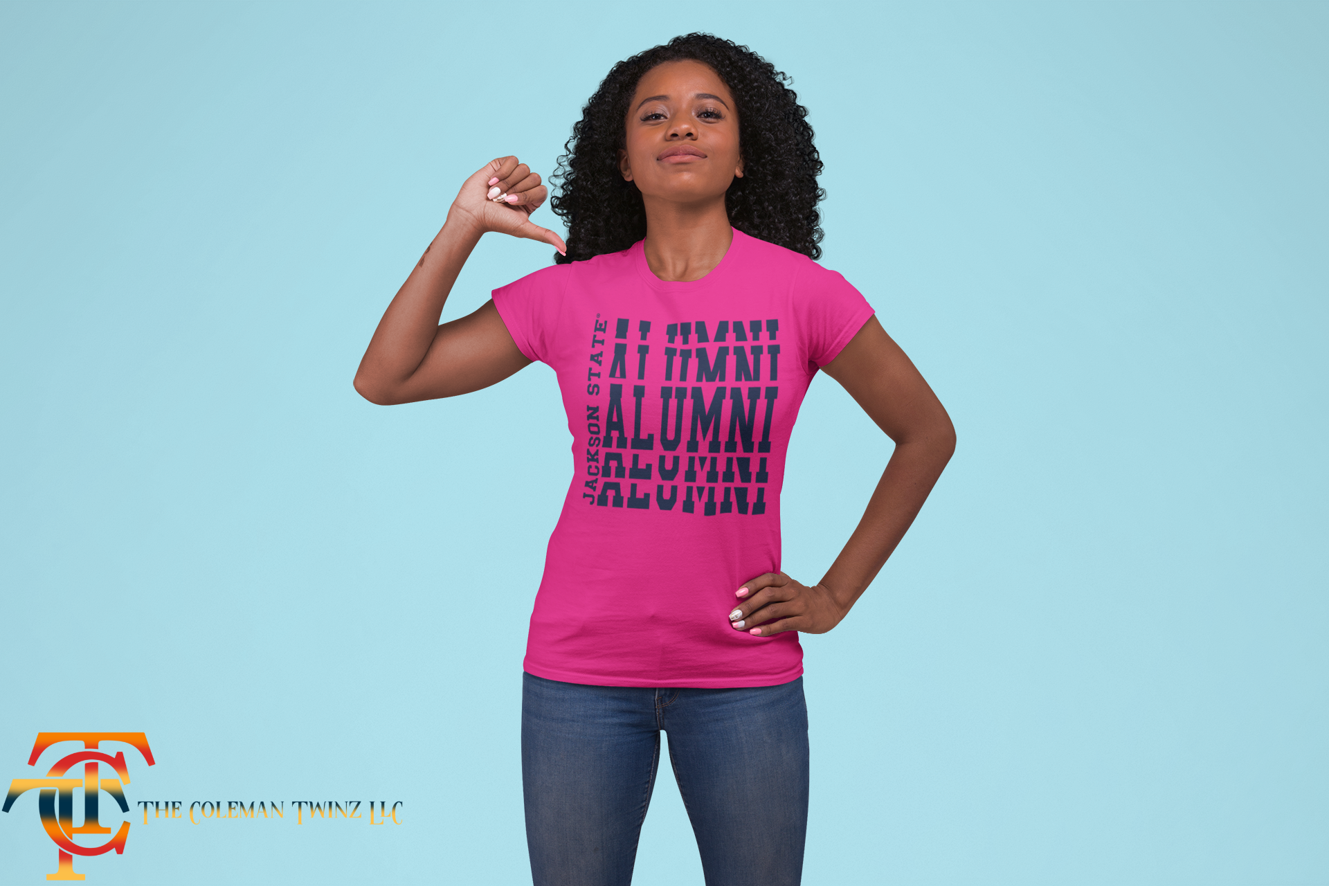 Pink crew neck t-shirt with stacked alumni logo print on front, worn by model