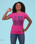Pink crew neck t-shirt with stacked alumni logo print on front, worn by model
