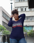 Navy long-sleeve crew neck football T-shirt with stacked "Football" graphic on chest