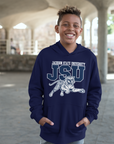 Youth unisex navy hoodie worn by child, featuring JSU tiger logo on the front