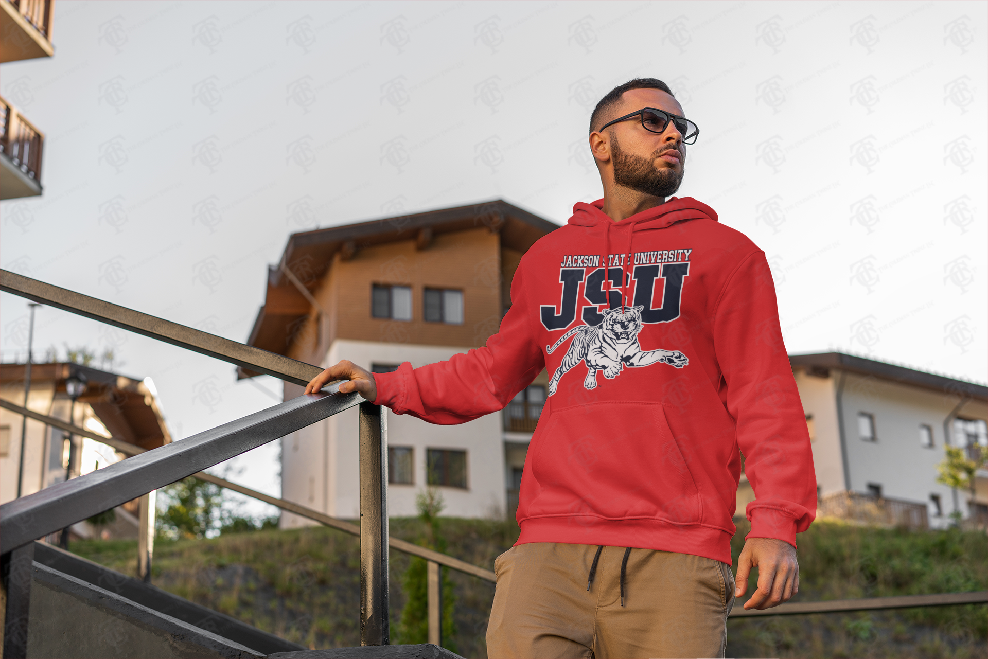 Red pullover hoodie with JSU text and leaping tiger graphic, front kangaroo pocket