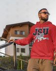 Red pullover hoodie with JSU text and leaping tiger graphic, front kangaroo pocket