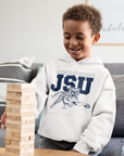 Youth unisex white hoodie worn by child, featuring JSU tiger logo on the front
