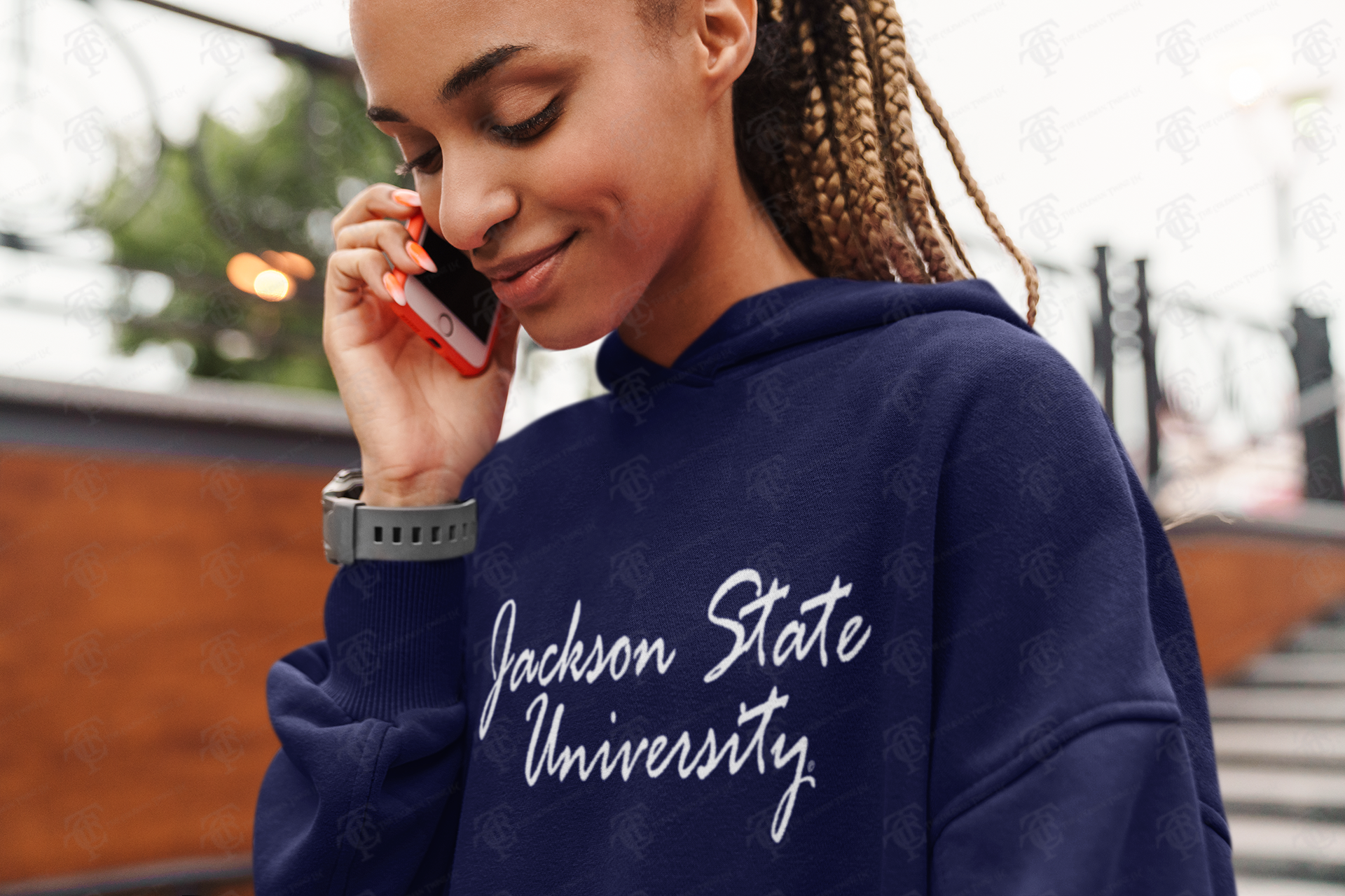 Navy pullover hoodie with 'Jackson State University' script logo, side portrait
