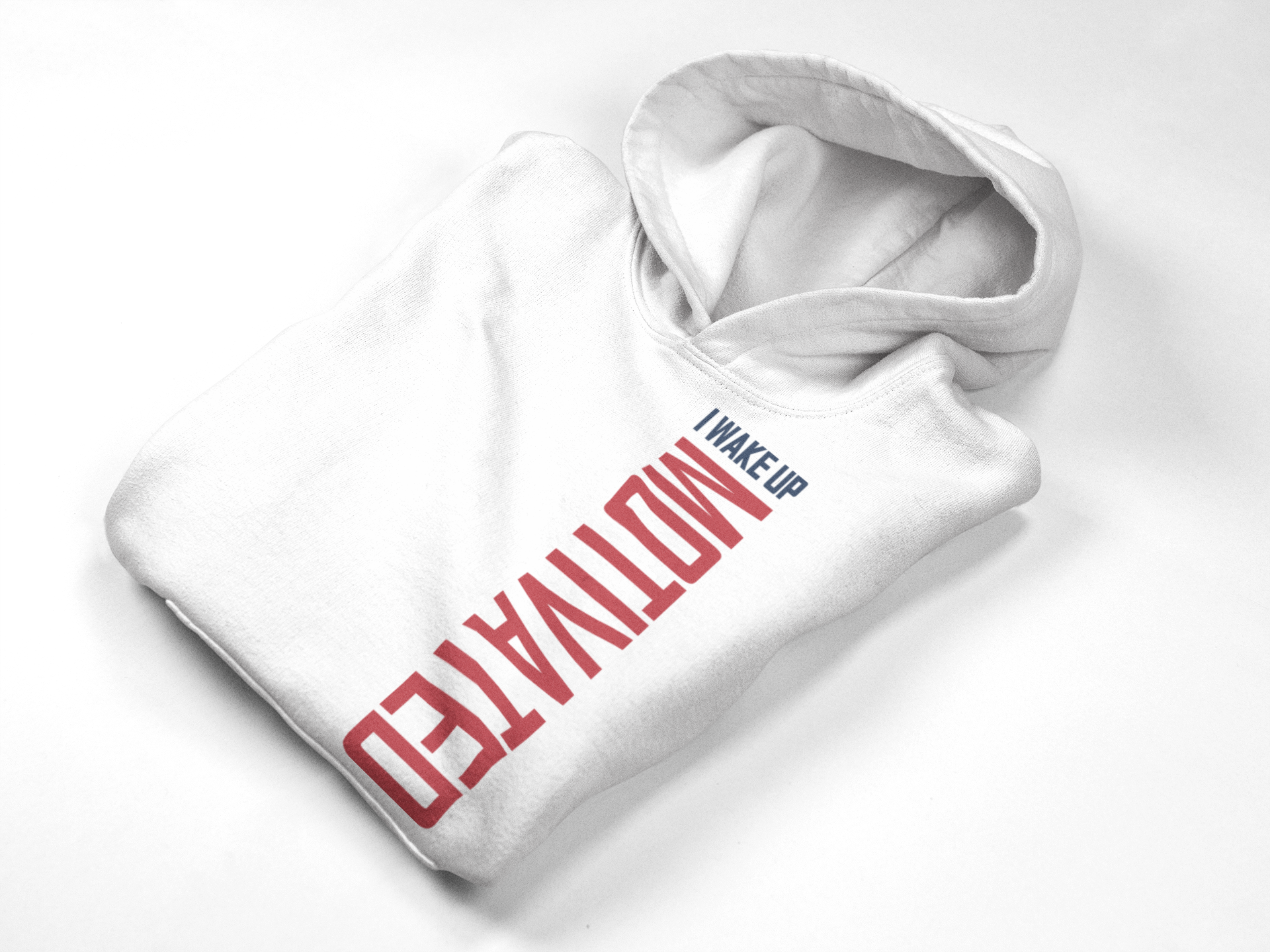 White pullover hoodie laid flat, hood up, large red graphic logo on front