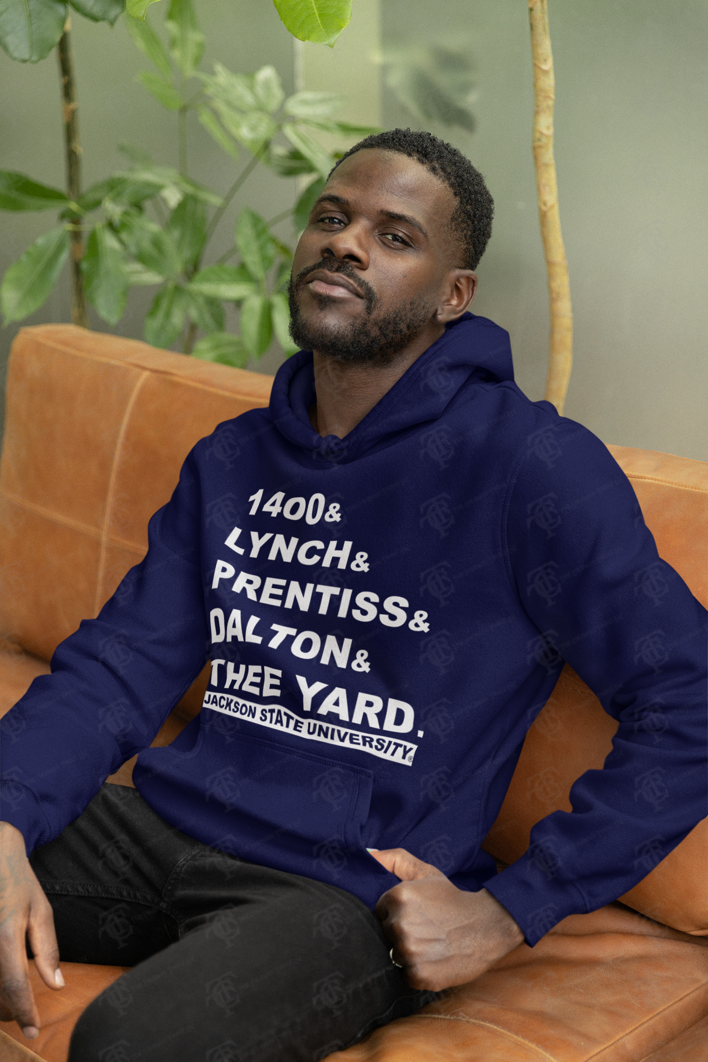 Unisex pullover hoodie, navy with front block text graphic, hood and front pouch