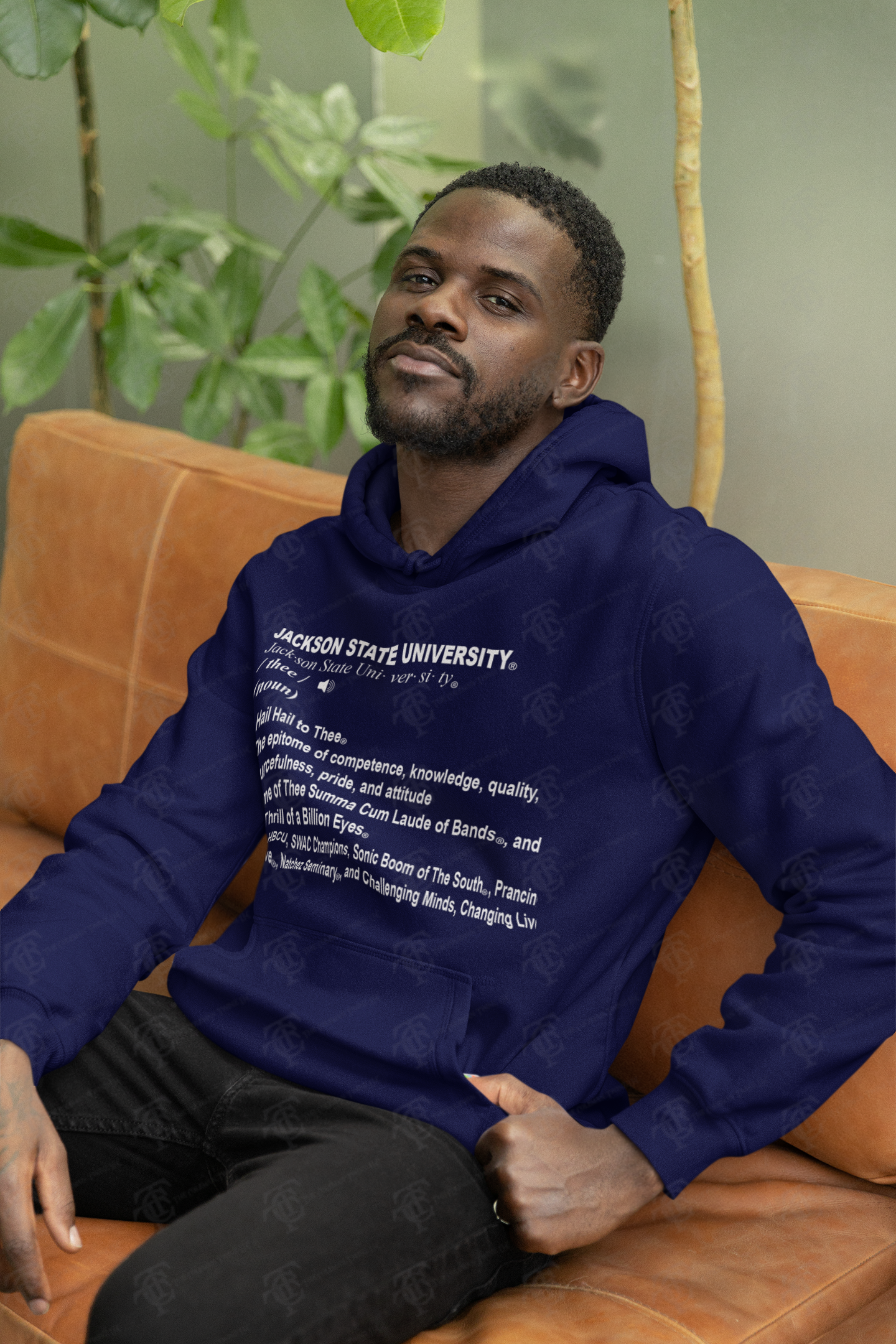 Navy pullover hoodie with Jackson State University front graphic, hood and kangaroo pocket