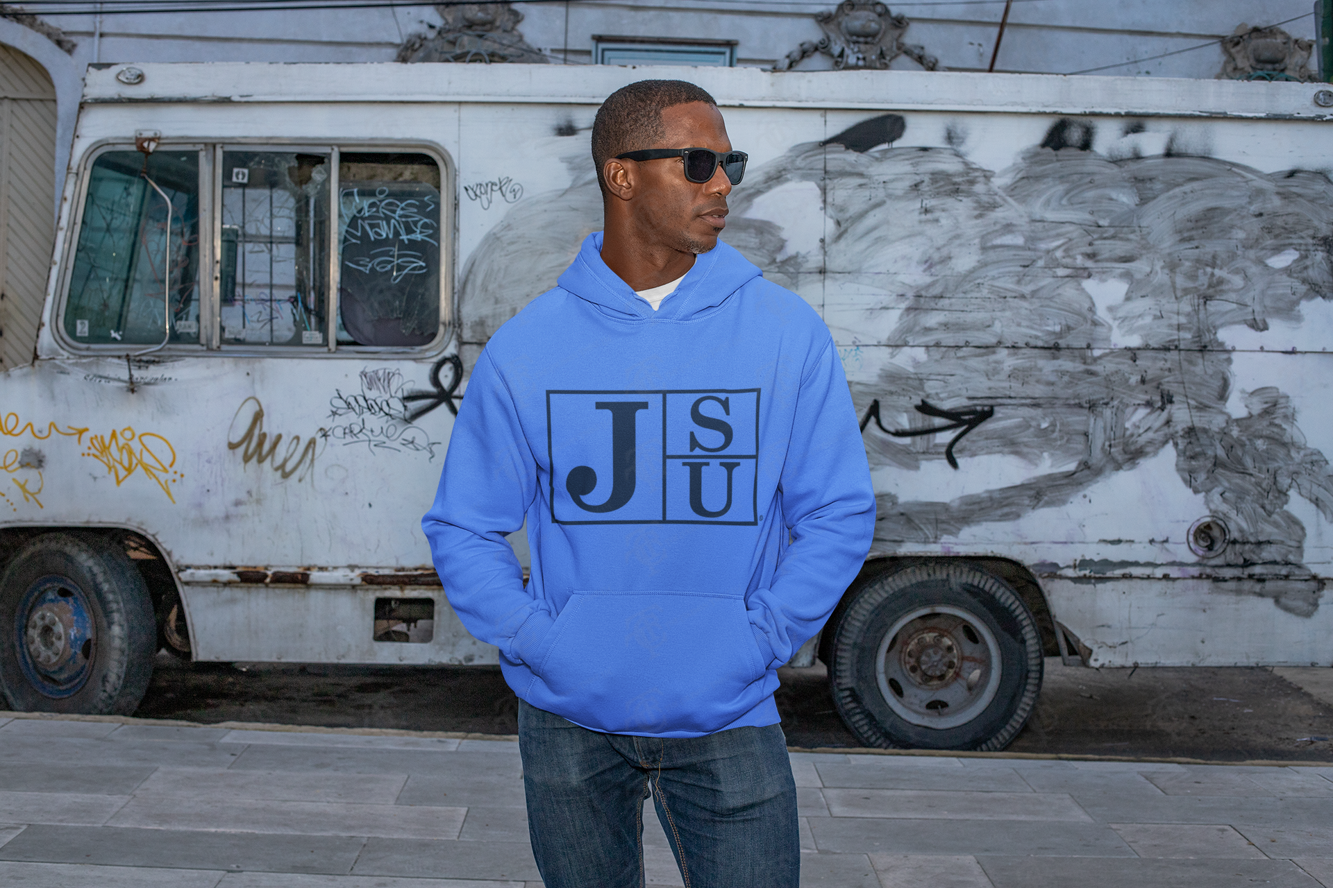 Unisex pullover hoodie, blue, front hood and kangaroo pocket with blue block letter logo
