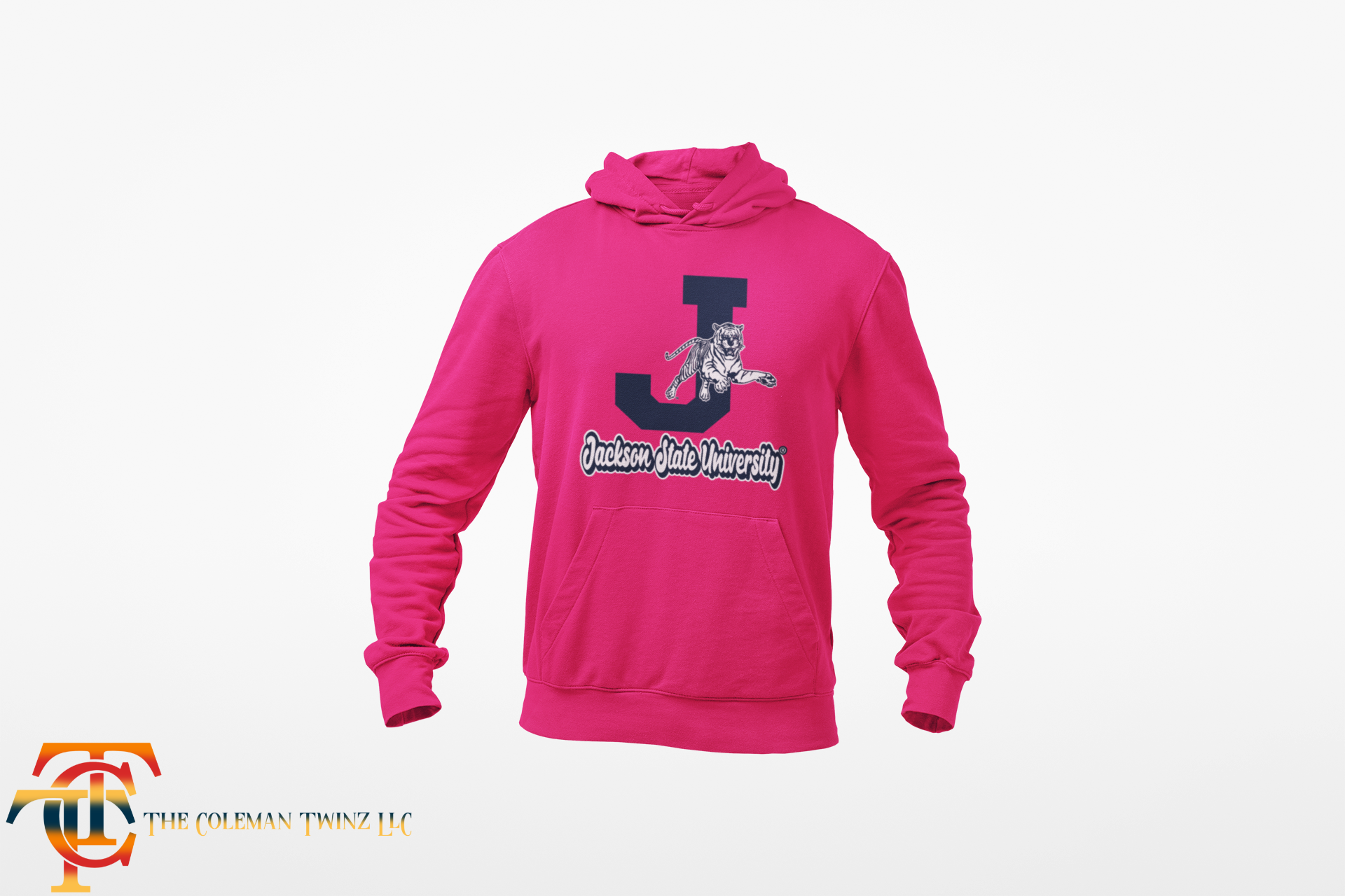 Youth pink hooded sweatshirt with kangaroo pocket and leaping tiger logo on chest
