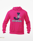 Youth pink hooded sweatshirt with kangaroo pocket and leaping tiger logo on chest