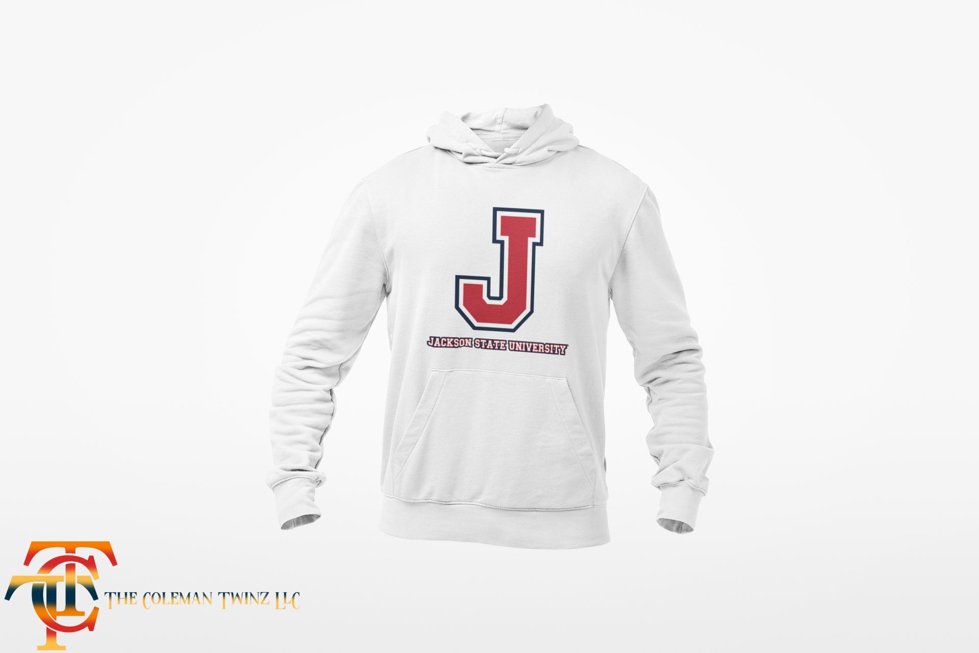 White hooded sweatshirt with front logo and kangaroo pocket