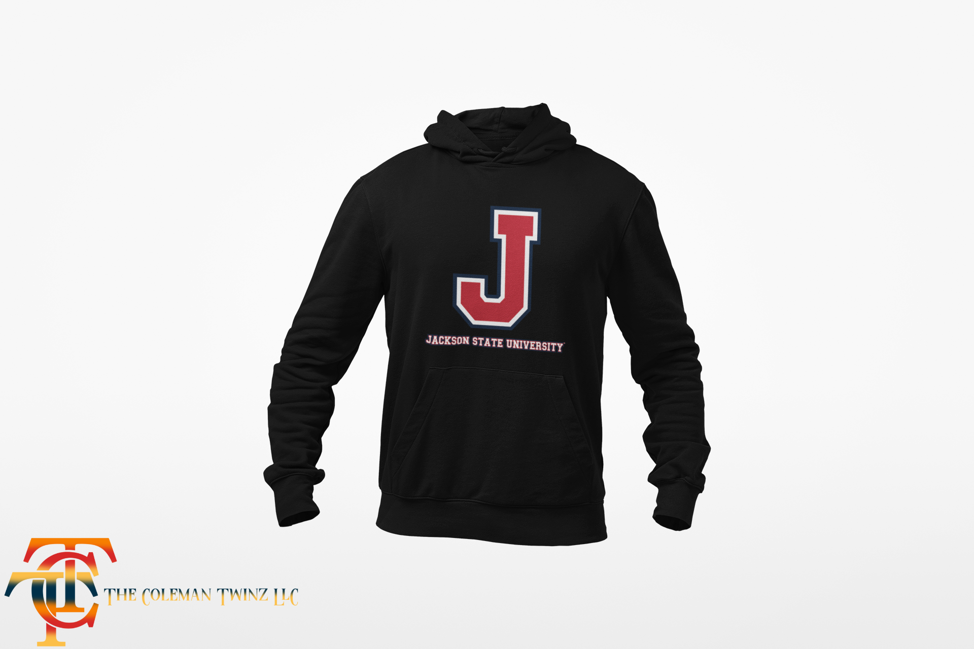 Black hooded sweatshirt with front logo and kangaroo pocket