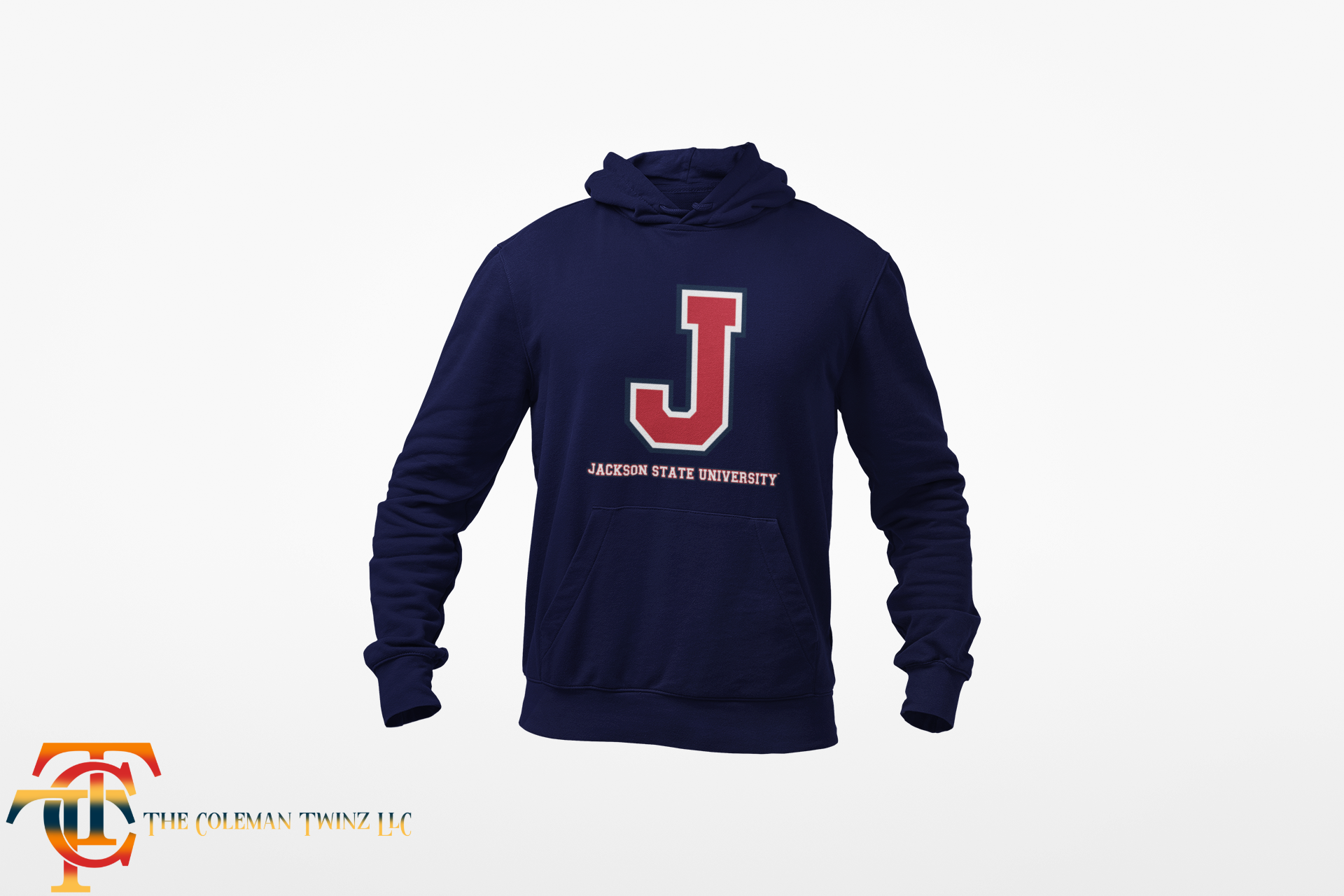 Navy hooded sweatshirt with front logo and kangaroo pocket