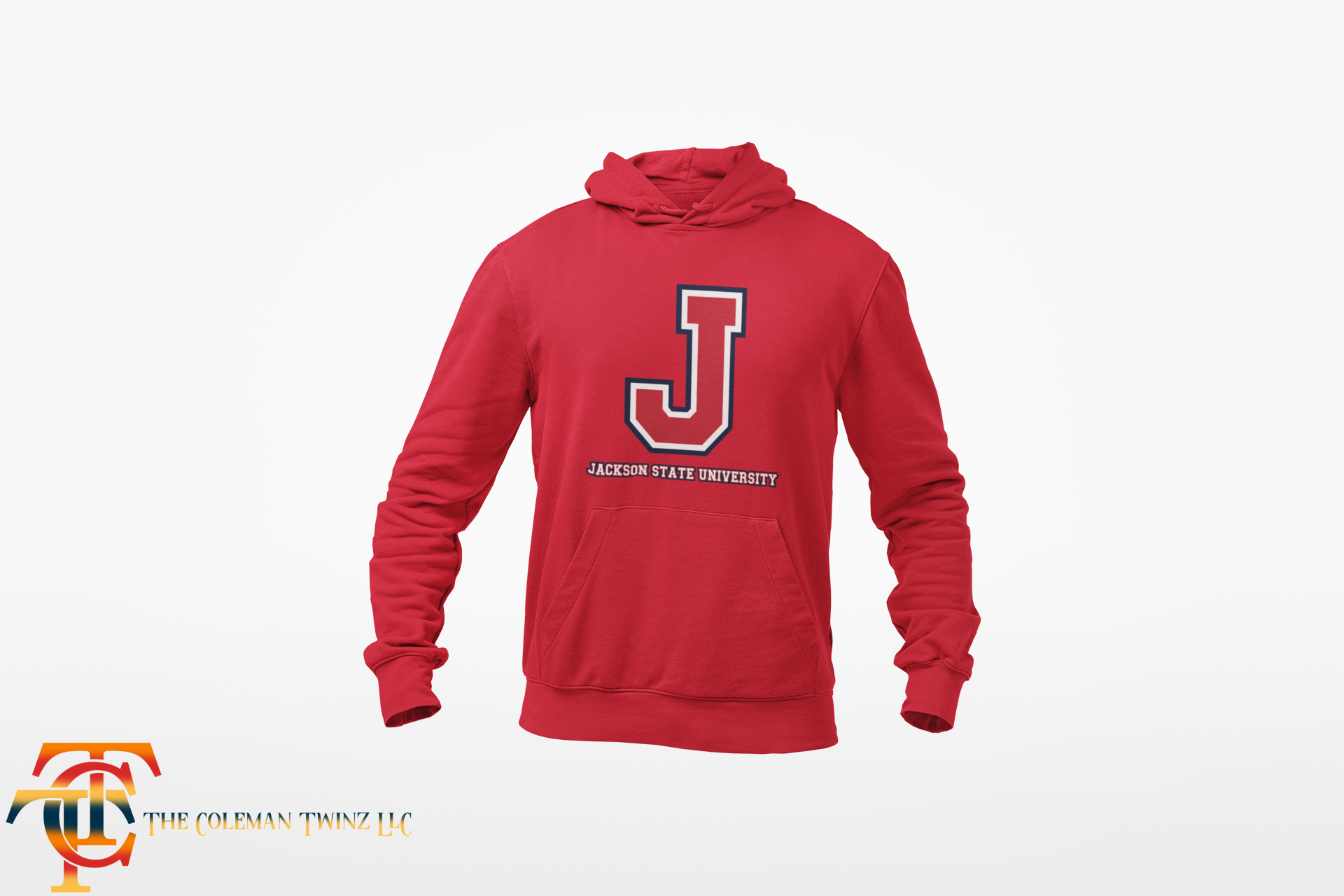 Red hooded sweatshirt with front logo and kangaroo pocket
