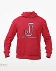 Red hooded sweatshirt with front logo and kangaroo pocket