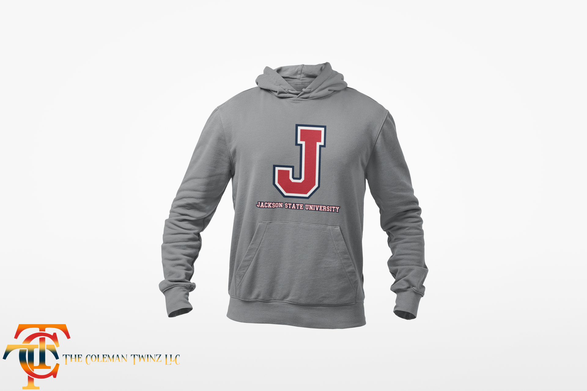 Gray hooded sweatshirt with front logo and kangaroo pocket
