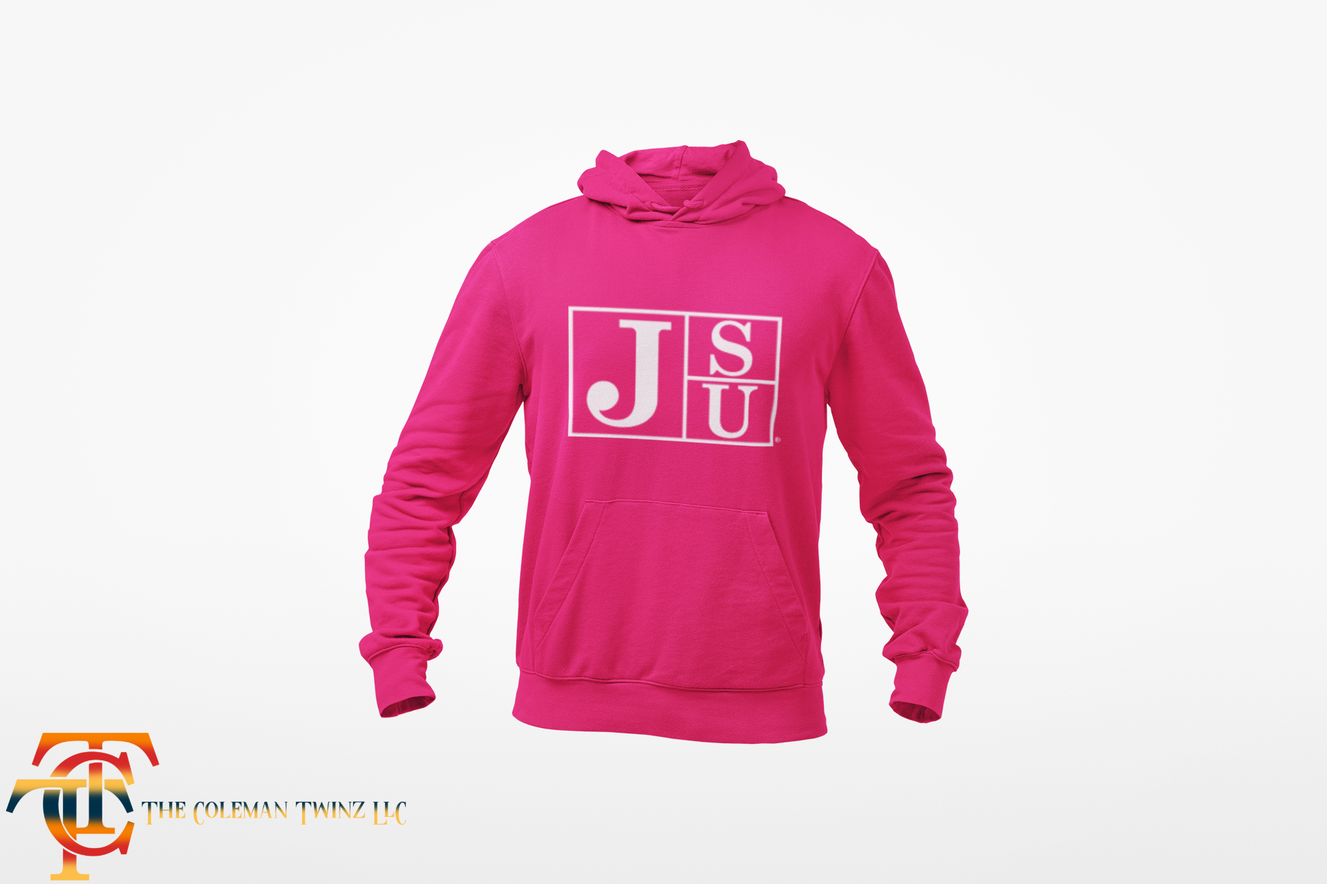 Pink youth hooded sweatshirt with white block letters on front