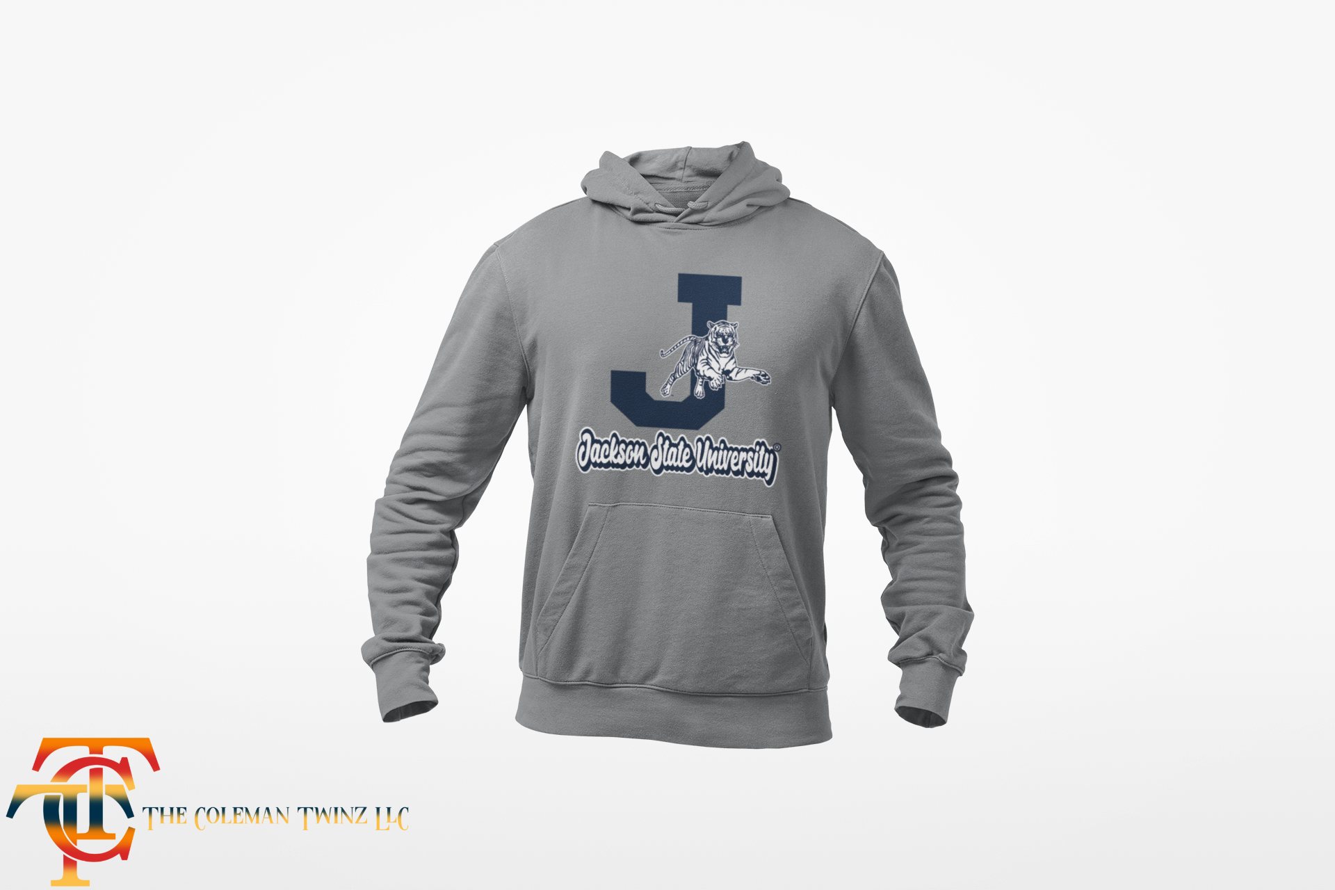 Youth gray hooded sweatshirt with kangaroo pocket and leaping tiger logo on chest