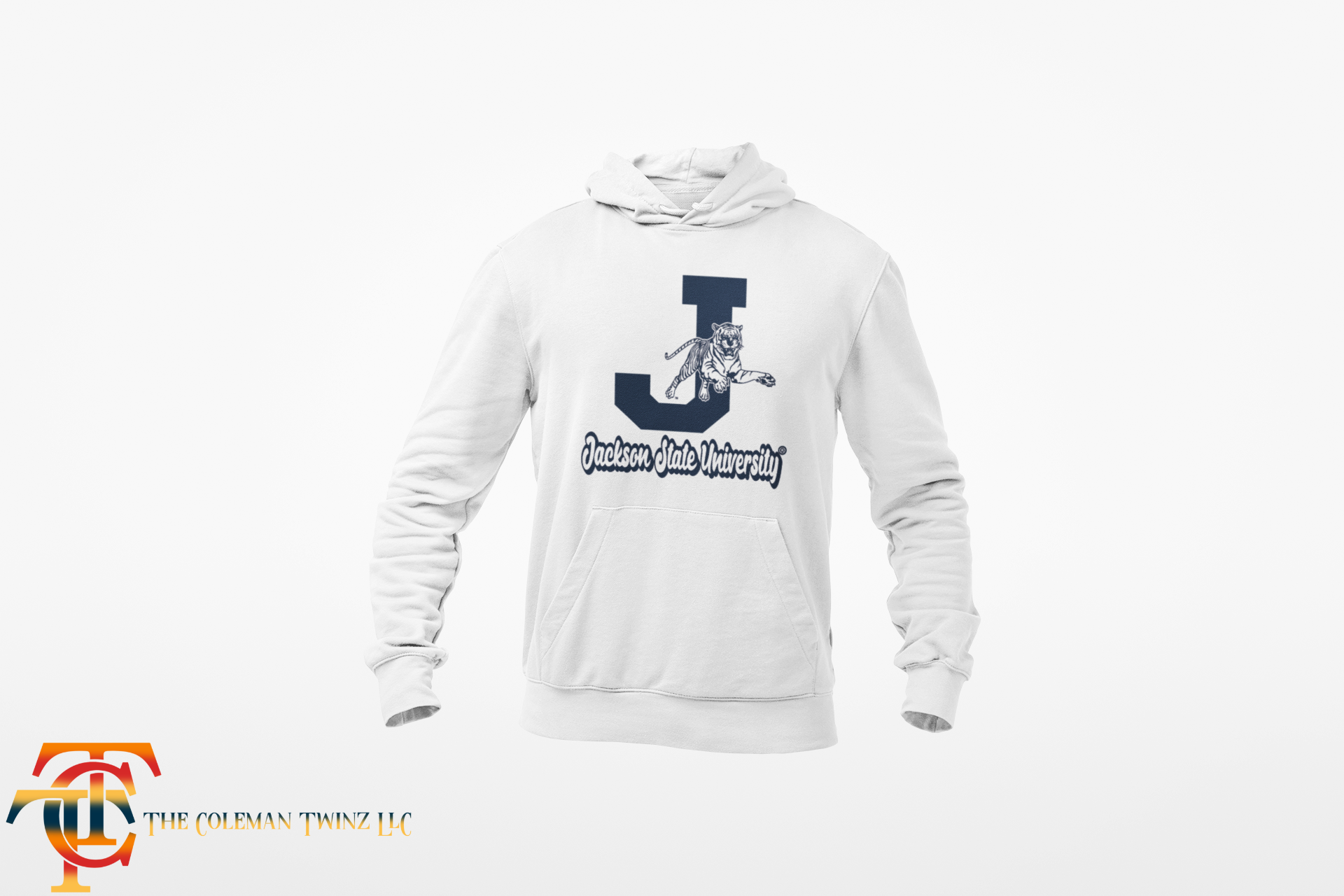 Youth white hooded sweatshirt with kangaroo pocket and leaping tiger logo on chest