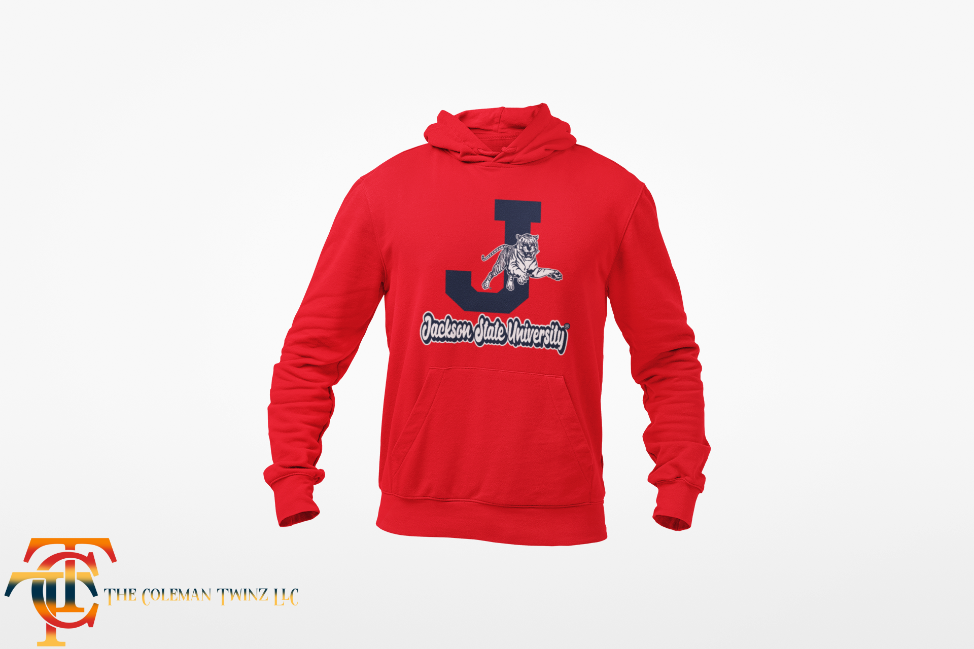 Youth red hooded sweatshirt with kangaroo pocket and leaping tiger logo on chest