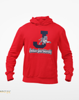 Youth red hooded sweatshirt with kangaroo pocket and leaping tiger logo on chest