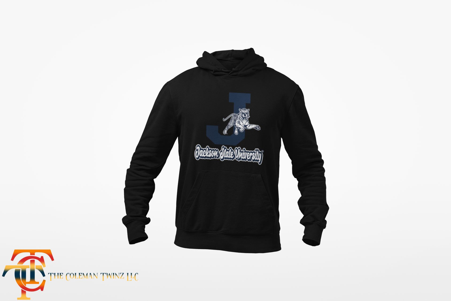 Youth black hooded sweatshirt with kangaroo pocket and leaping tiger logo on chest