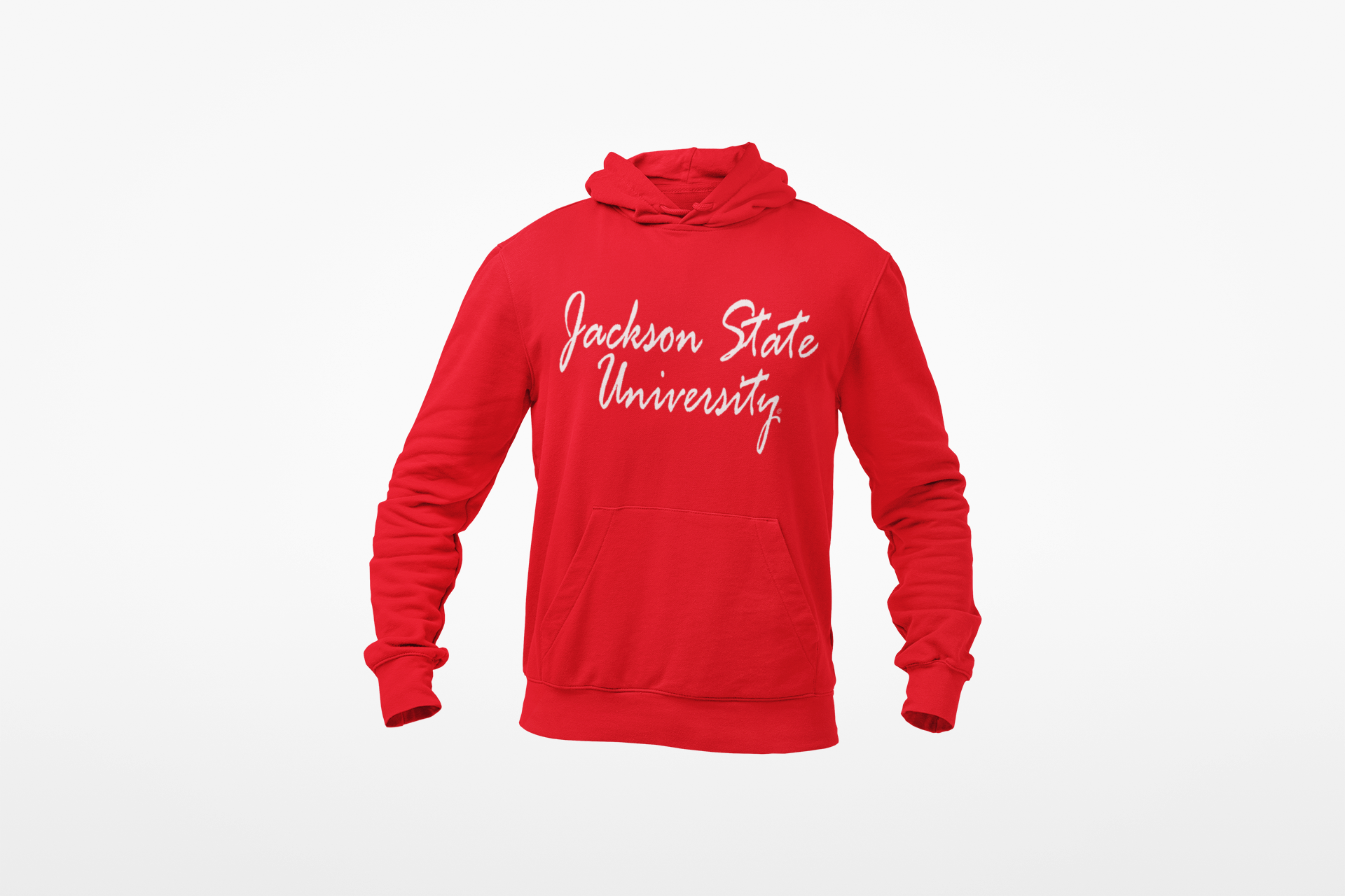 Red youth hooded sweatshirt with white script logo on back and front kangaroo pocket