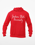 Red youth hooded sweatshirt with white script logo on back and front kangaroo pocket