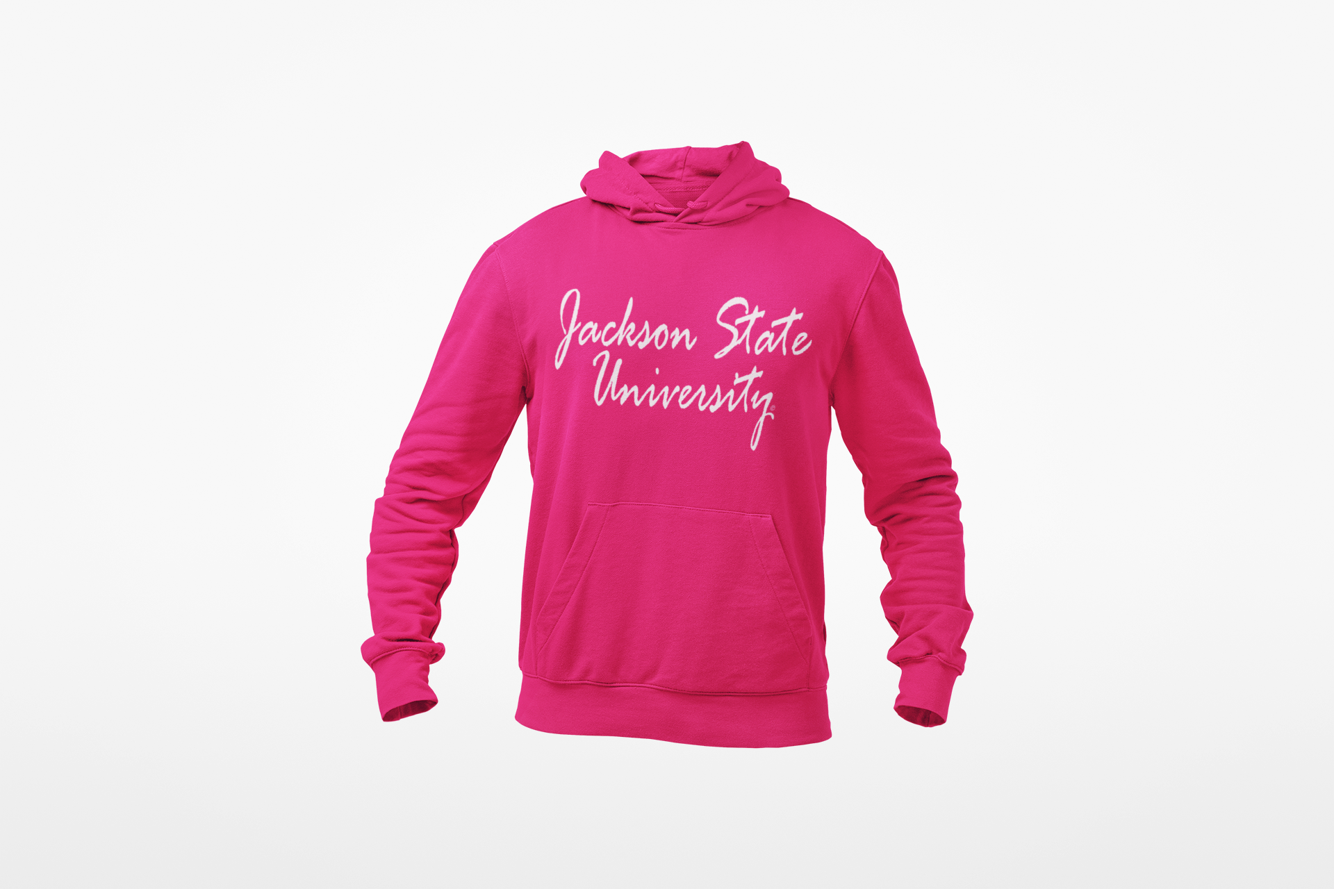 Pink youth hooded sweatshirt with white script logo on back and front kangaroo pocket