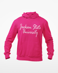 Pink youth hooded sweatshirt with white script logo on back and front kangaroo pocket