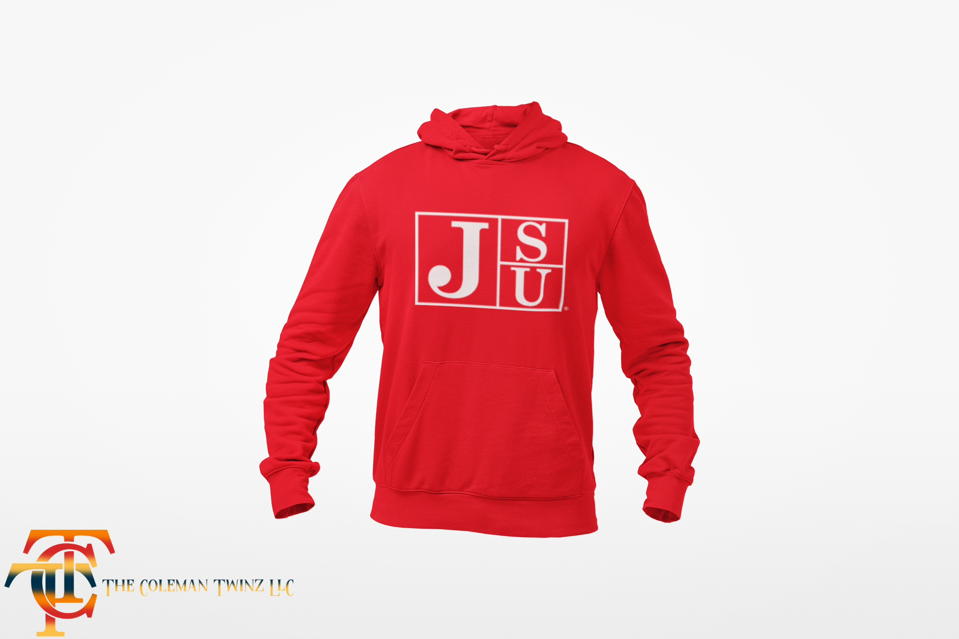 Red youth hooded sweatshirt with white block letters on front