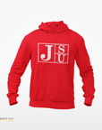 Red youth hooded sweatshirt with white block letters on front