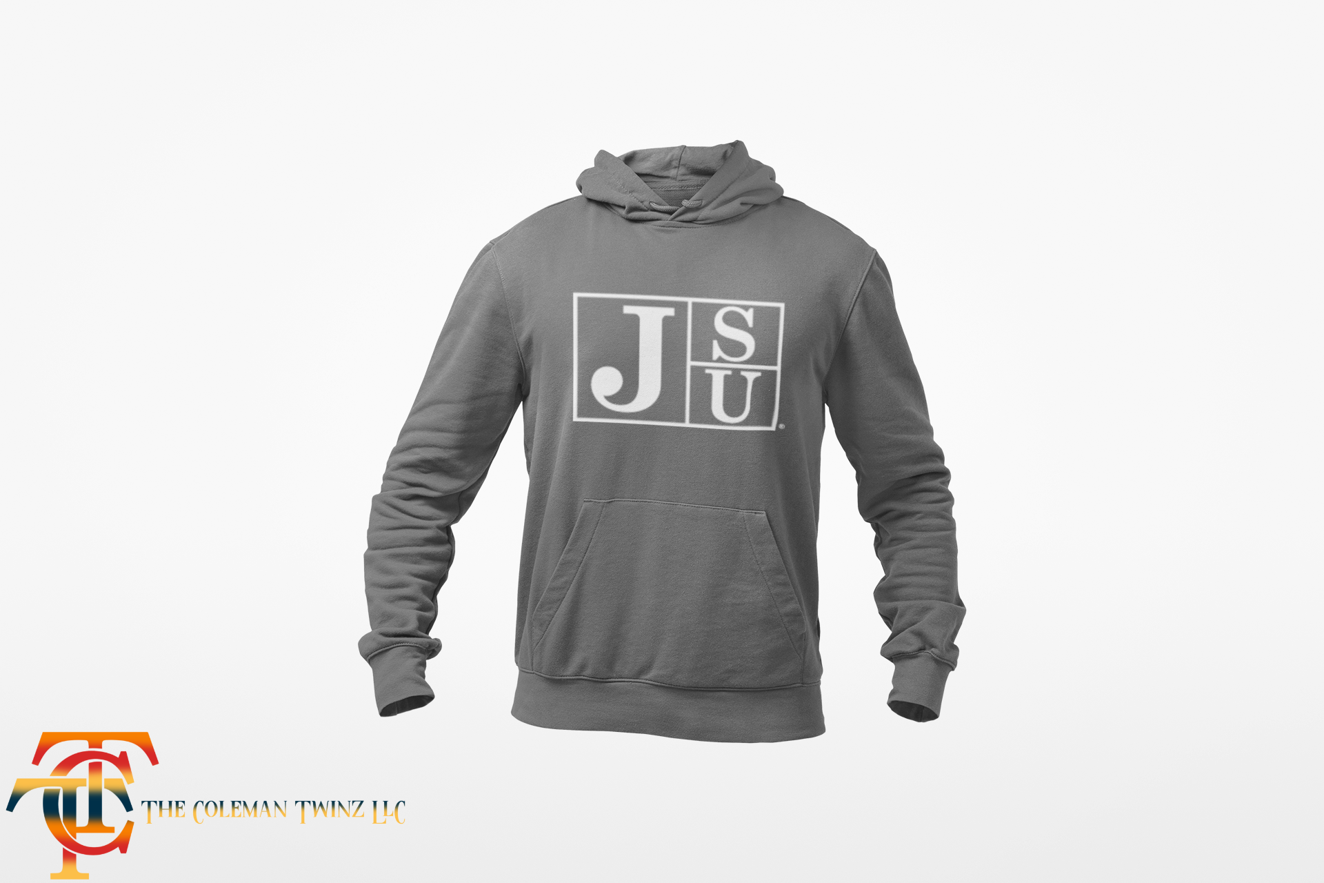Gray youth hooded sweatshirt with white block letters on front