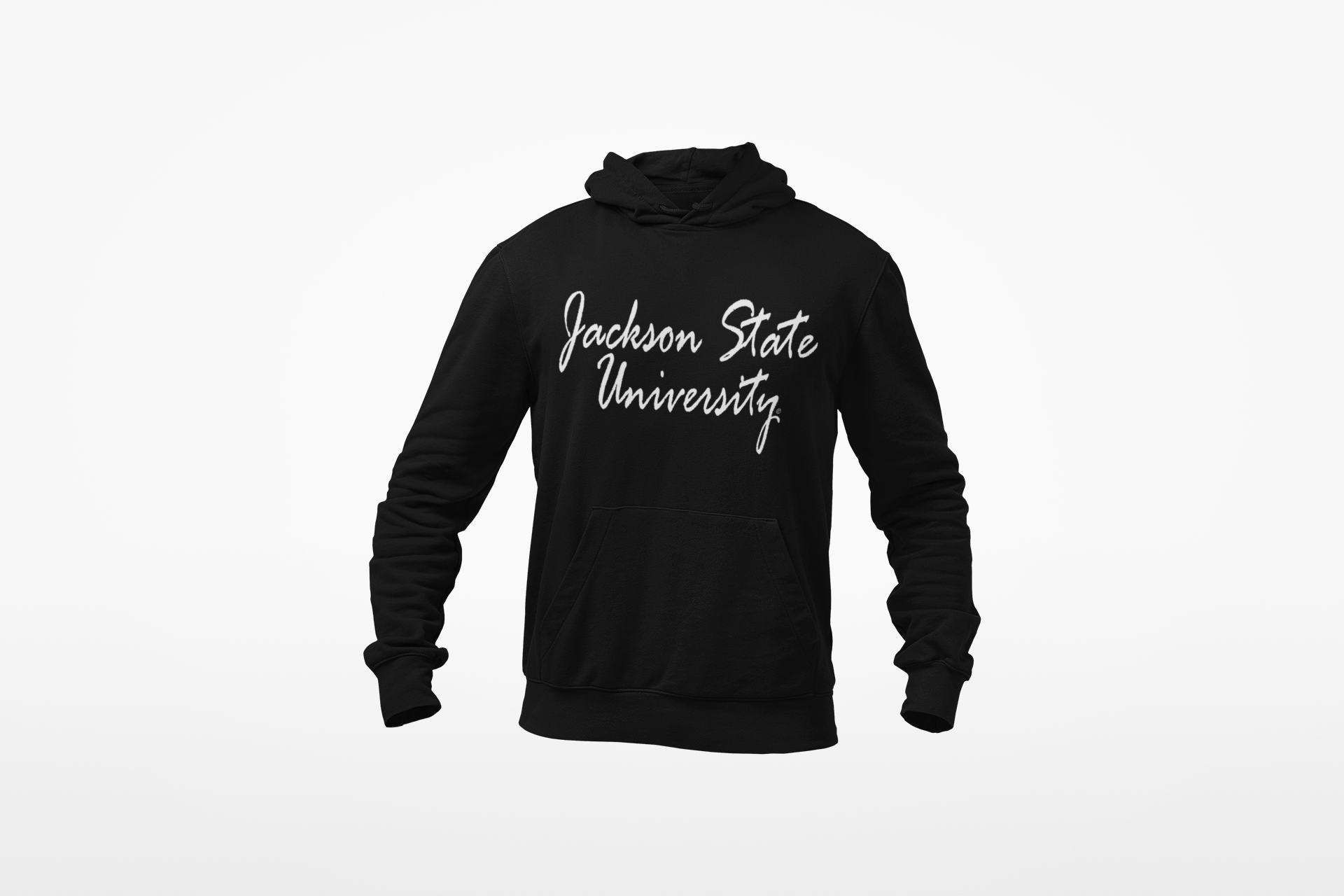 Black youth hooded sweatshirt with white script logo on back and front kangaroo pocket