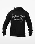 Black youth hooded sweatshirt with white script logo on back and front kangaroo pocket