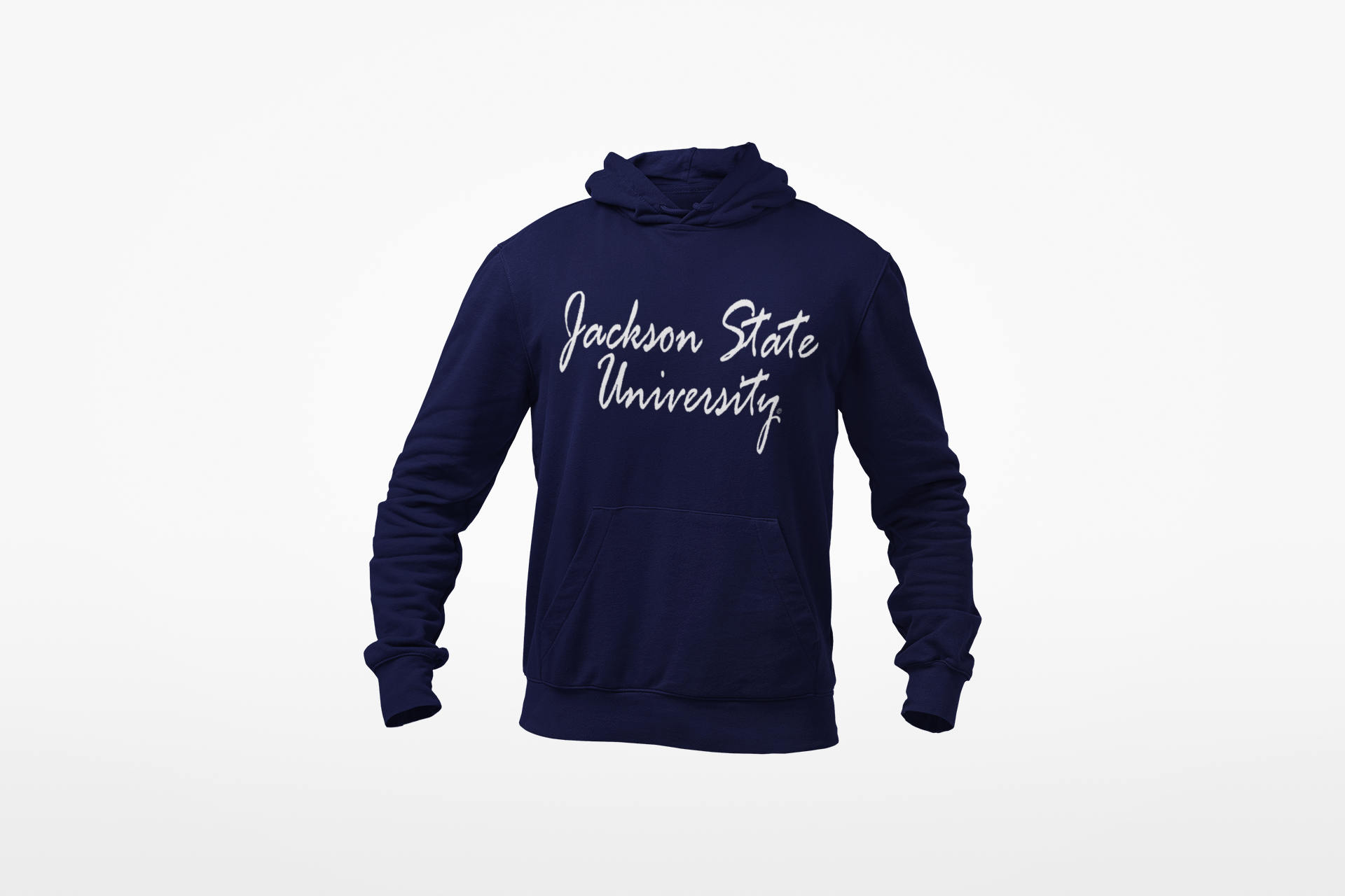 Navy youth hooded sweatshirt with white script logo on back and front kangaroo pocket