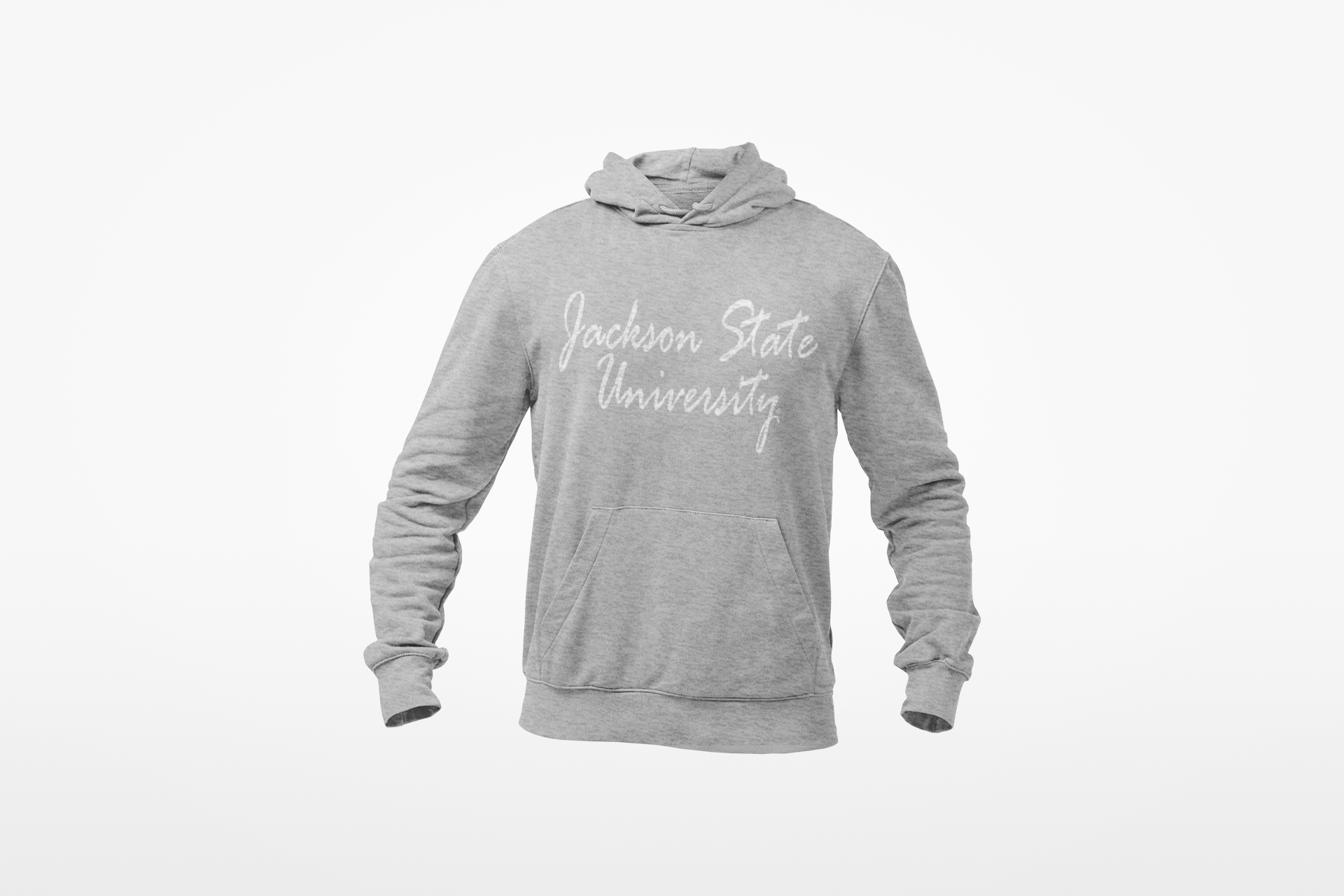 Gray youth hooded sweatshirt with white script logo on back and front kangaroo pocket