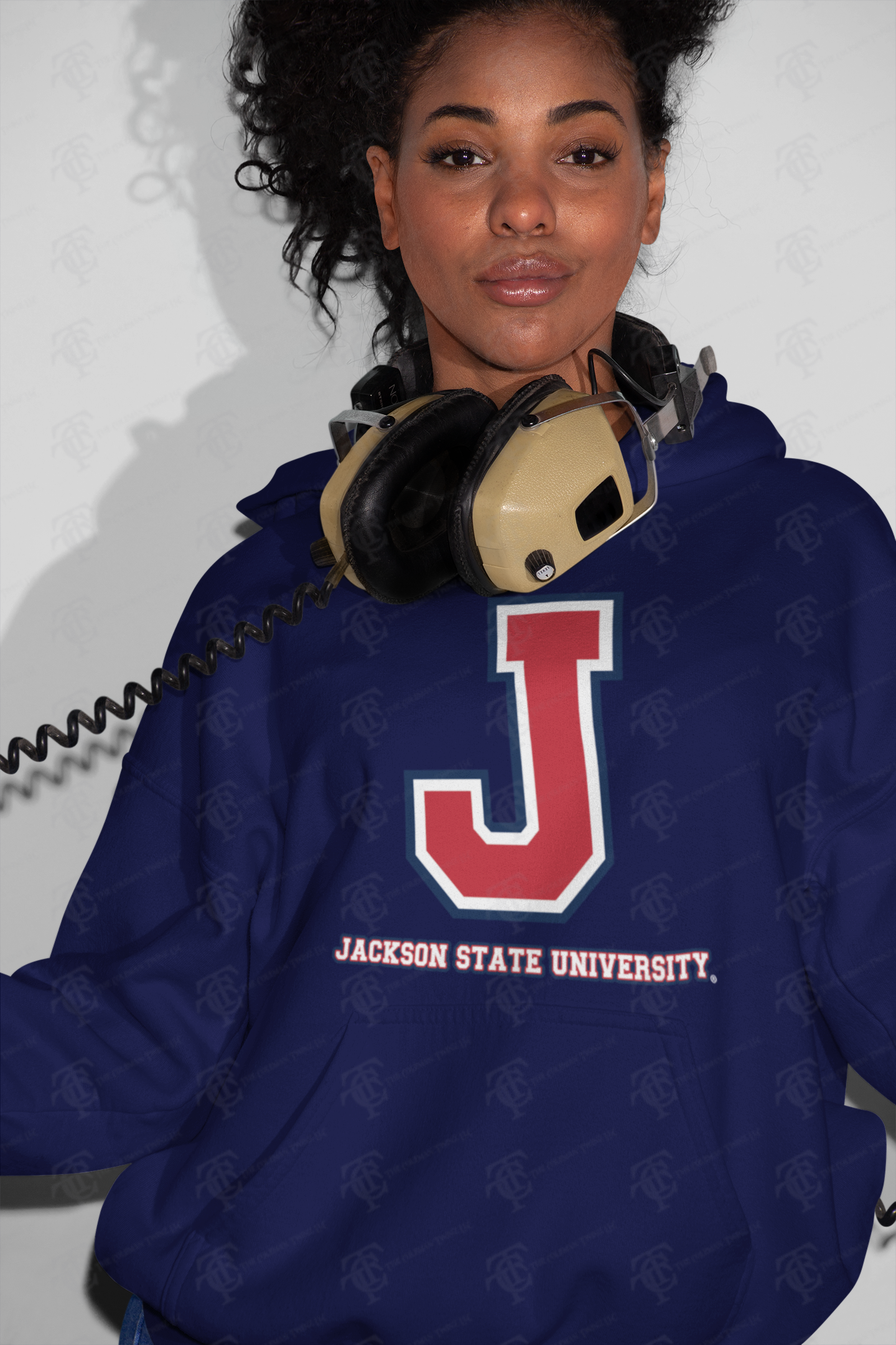 Unisex navy pullover hoodie with large red-and-white J logo and Jackson State University text