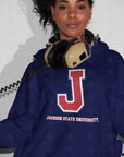 Unisex navy pullover hoodie with large red-and-white J logo and Jackson State University text