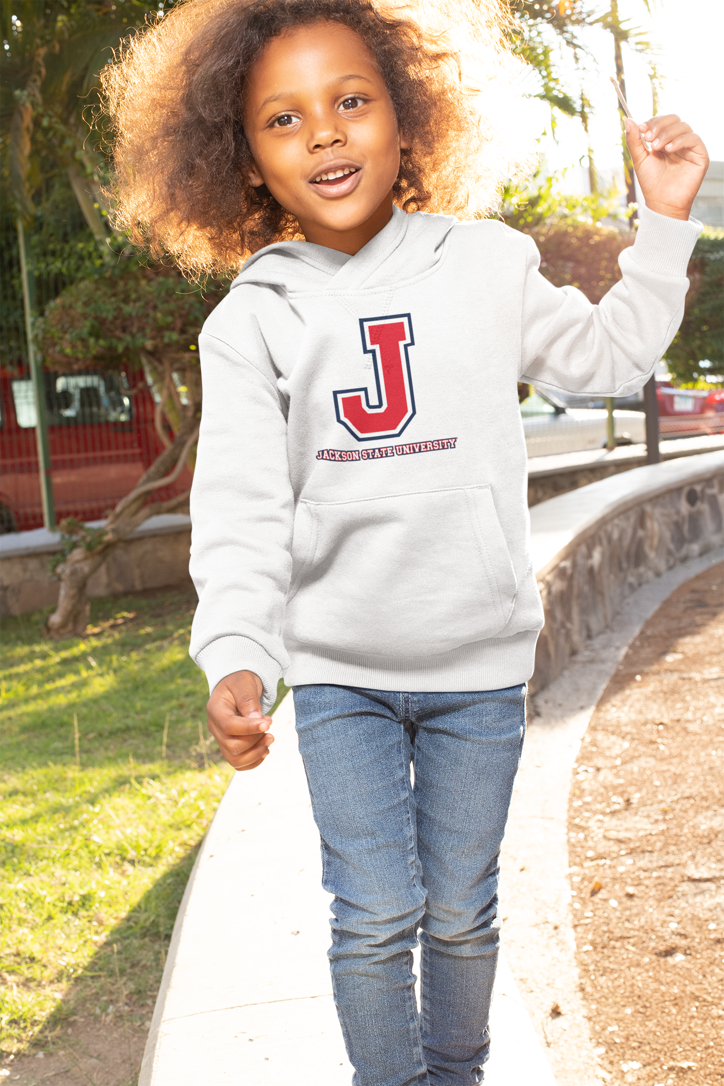 Light gray hooded sweatshirt with front logo and kangaroo pocket