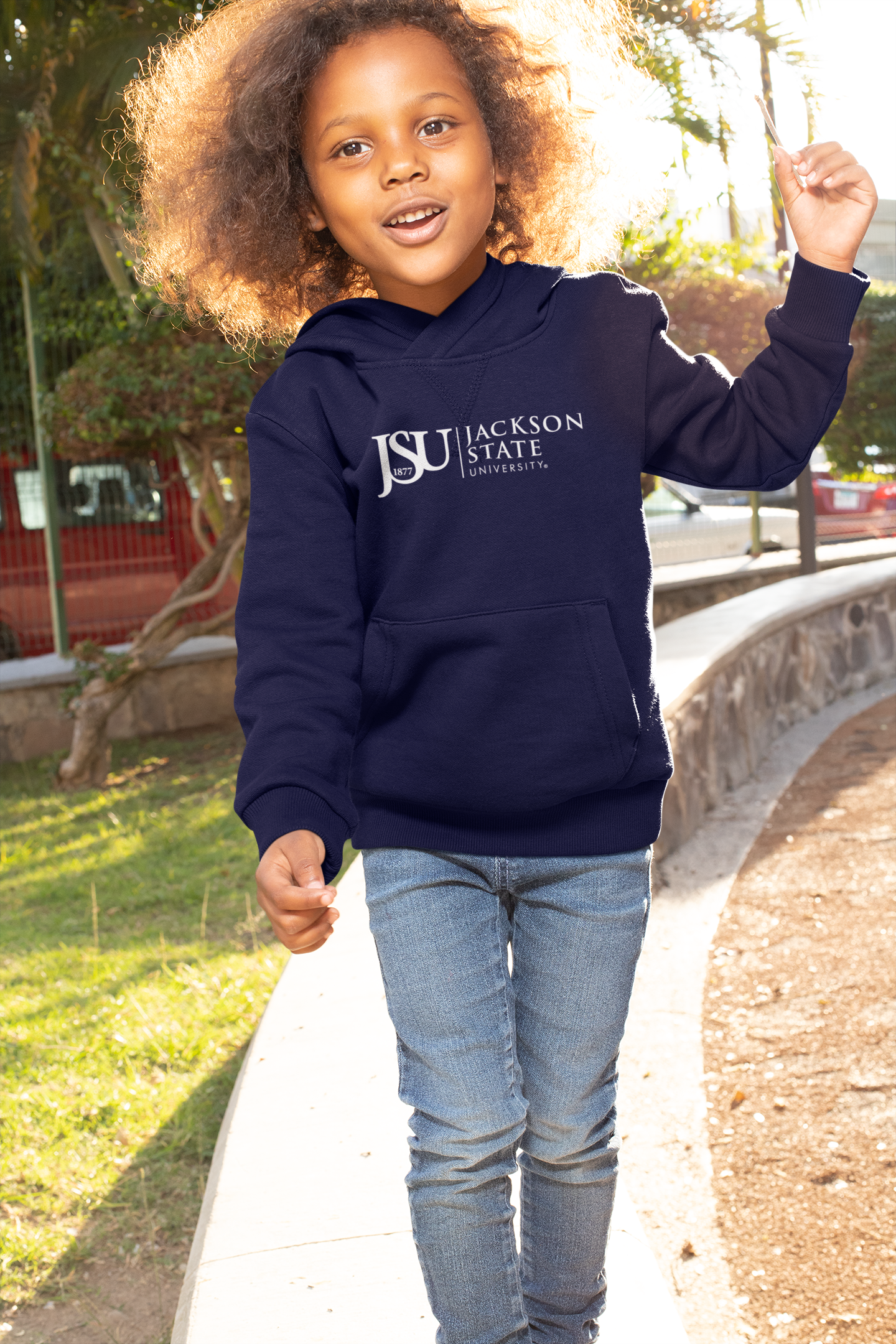 Youth pullover hoodie, navy with front JSU crest logo, kangaroo pocket, drawstring hood