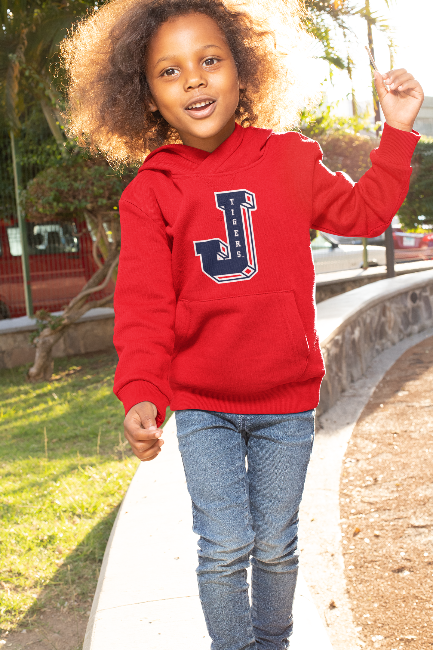 Toddler pullover hoodie, red with varsity letter logo and front kangaroo pocket