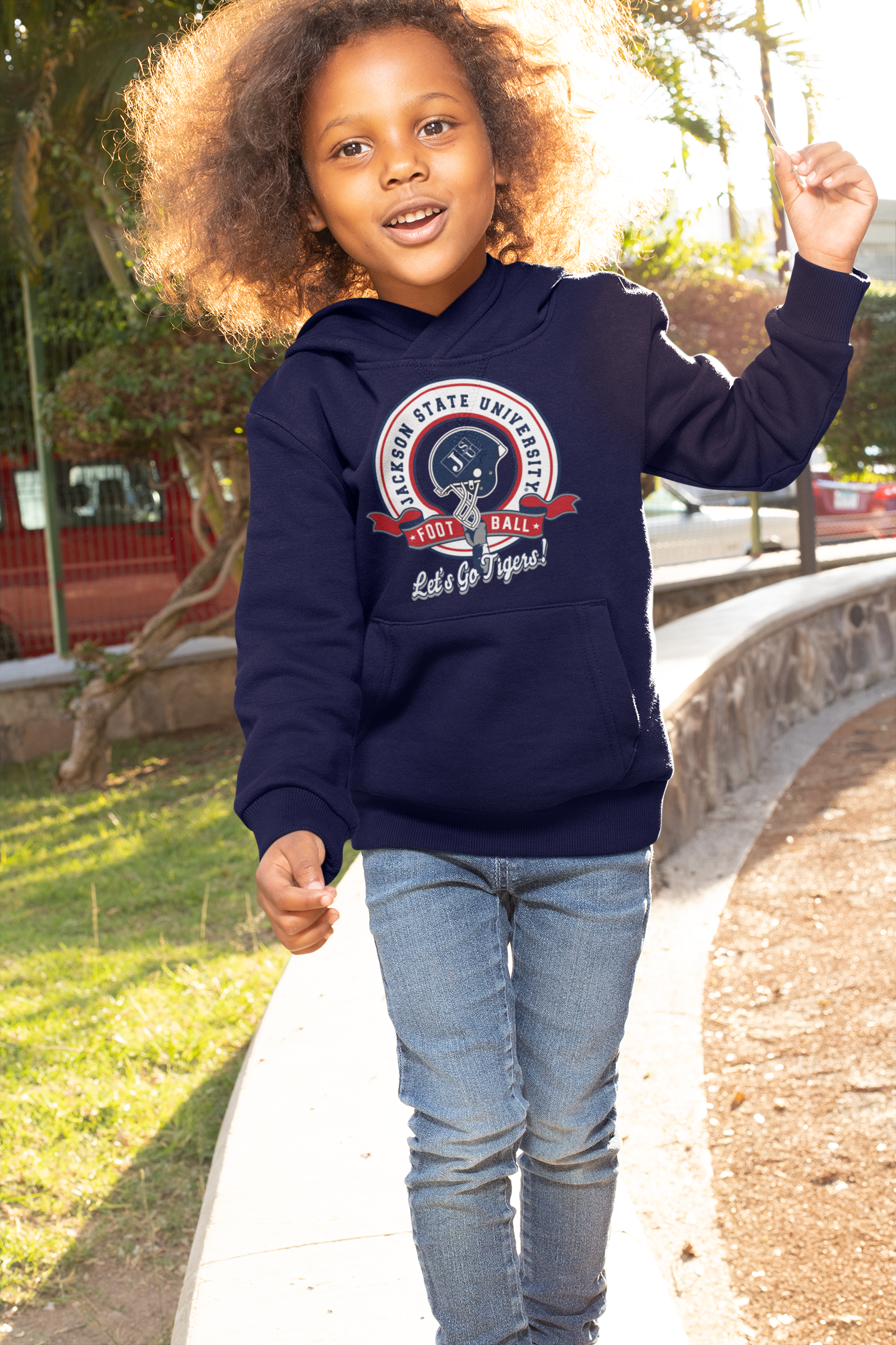 Navy youth pullover hoodie with Jackson State University football logo on chest and front pouch
