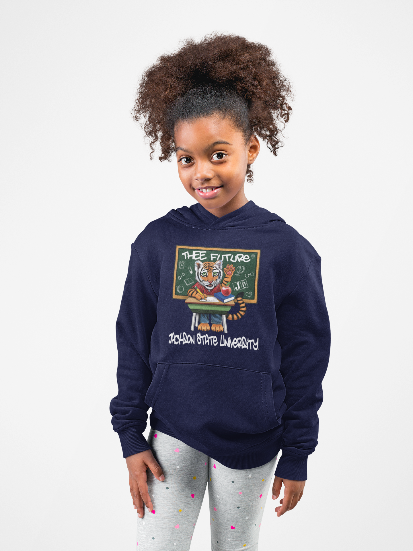 Toddler navy pullover hoodie with hood, long sleeves, and front graphic print