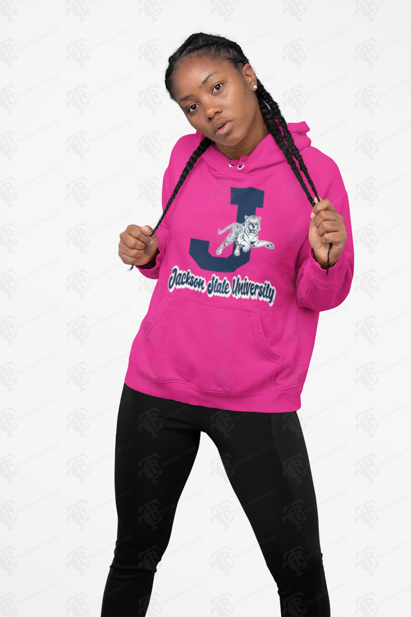 Hot pink unisex pullover hoodie with front tiger graphic and university logo