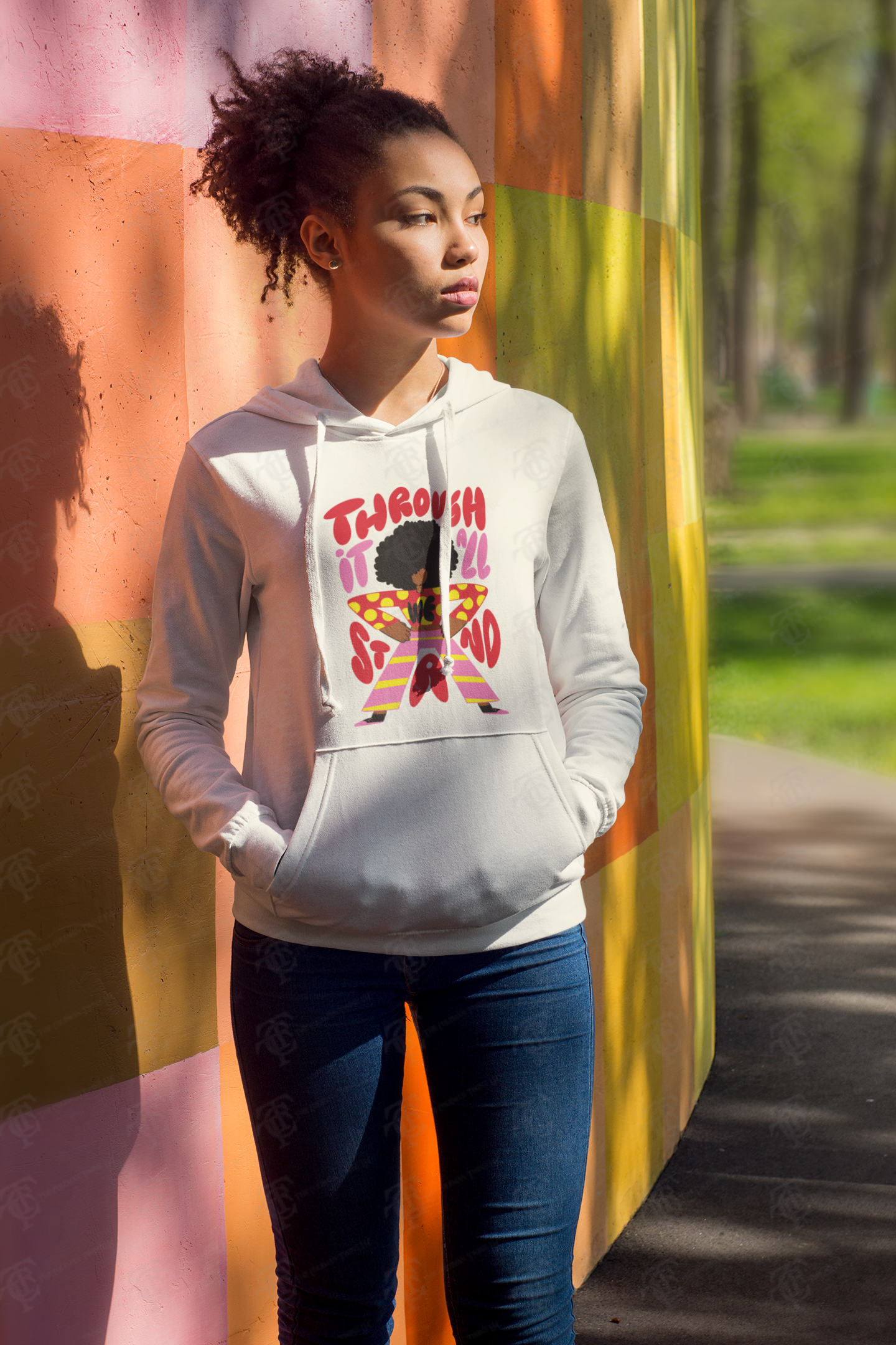 Unisex pullover hoodie, light gray, colorful chest graphic, kangaroo pocket